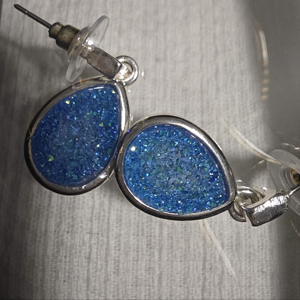 Blue Teardrop Earrings with Silver Accents